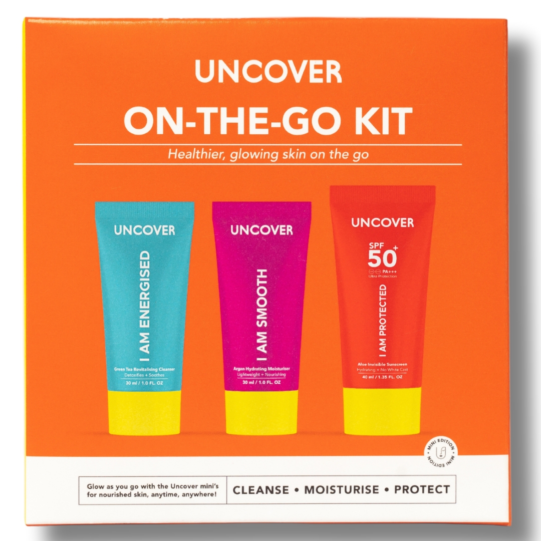 Uncover On-The-Go Kit ( 3 step Routine Cleanser 30ml Spf 50 sunscreen 40ml Moisturizer 30ml 1 Uncover On-The-Go Kit ( 3 step Routine Cleanser 30ml Spf 50 sunscreen 40ml Moisturizer 30ml