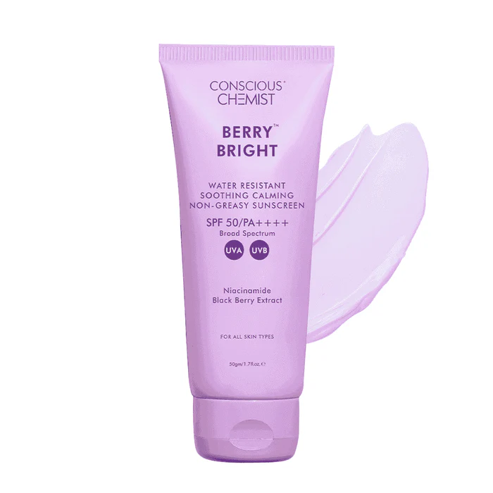 Conscious Chemist Berry Bright Water Resistant Soothing Calming Non-Greasy Sunscreen SPF50 PA++++ 50gm 1 Conscious Chemist Berry Bright Water Resistant Soothing Calming Non-Greasy Sunscreen SPF50 PA++++ 50gm