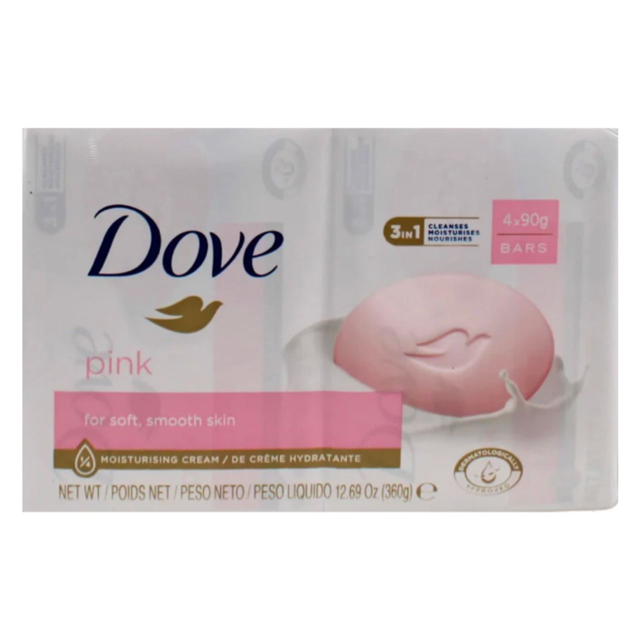 Dove 3-in-1 Pink Beauty Cream Bar Soap (90g x4) 12.69 oz / 360G 1 Dove 3-in-1 Pink Beauty Cream Bar Soap (90g x4) 12.69 oz / 360G