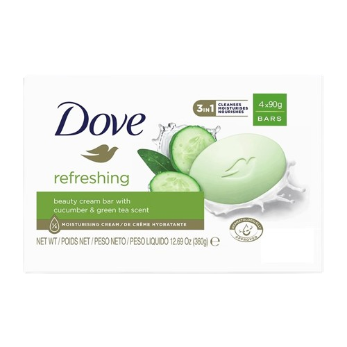 Dove 3-in-1 Refreshing Beauty Cream Bar with Cucumber and Green Tea Scent (90g x 4) 12.69Oz / 360g 1 Dove 3-in-1 Refreshing Beauty Cream Bar with Cucumber and Green Tea Scent (90g x 4) 12.69Oz / 360g