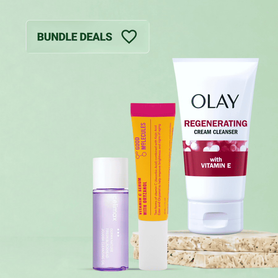 Payday 12 Double Cleanse Glow Routine Bundle featuring Celimax Jojoba Cleansing Oil, Olay Cream Cleanser, and Good Molecules Vitamin C Serum by Teeka4